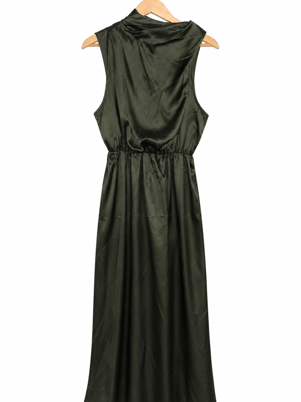 Sleeveless Olive Green Maxi Dress - Satin Finish